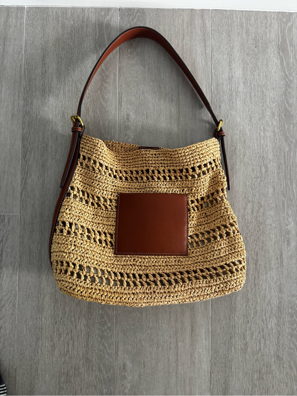 Mango Woven Straw Tote with Brown Leather Pocket and Strap